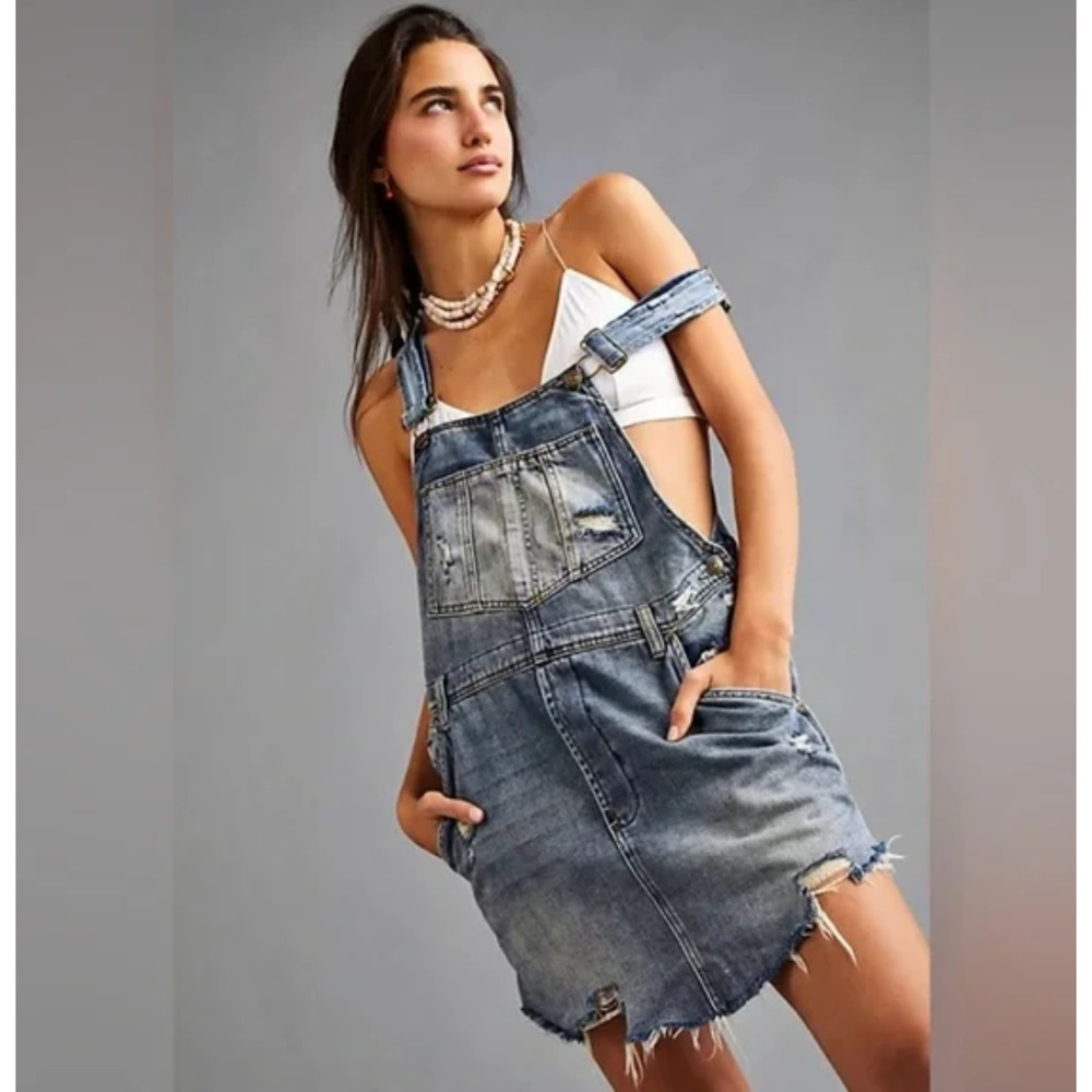 Free People Baxter Distressed Denim Mini Dress Medium Boho - Picture 2 of 8